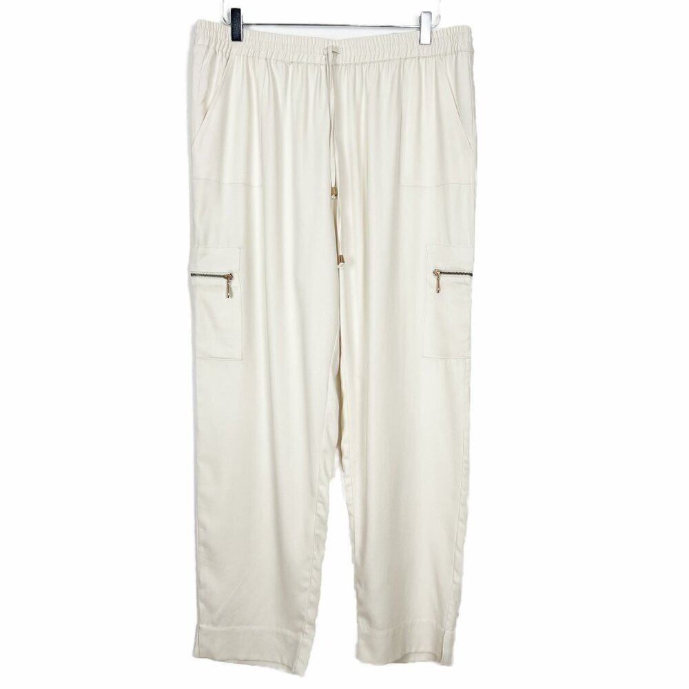 NWT Soft Surroundings Silk Pants Women's Size L Ivory Pull-On Cargo Minimalist